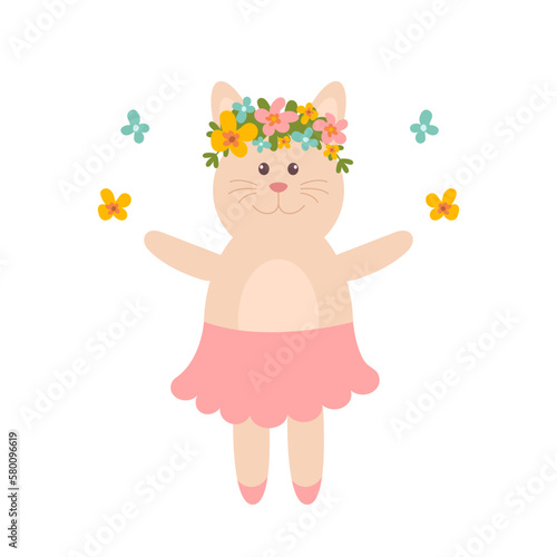 Cute kitty girl with flowers in a skirt on a white background. Dancing girl cat