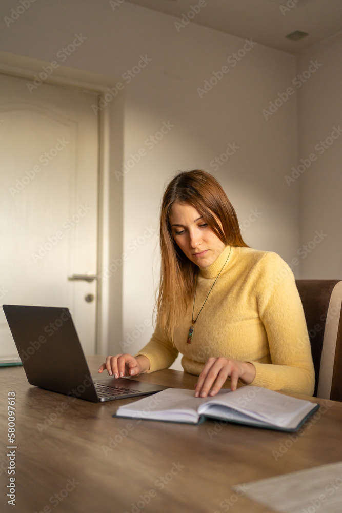 Young woman working from home and using her notebook. Young woman working from home and using her notebook.