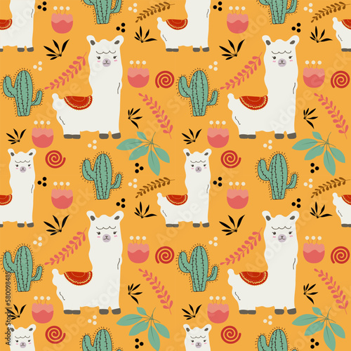 Alpaca seamless pattern on yellow background.