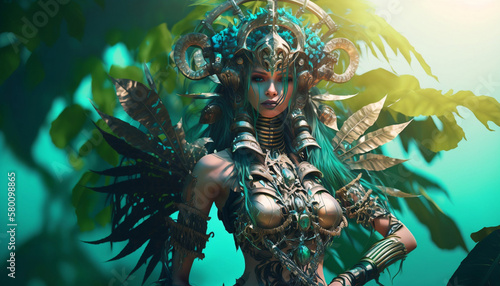 Beautiful jungle princess g - cup chest standing wearing leaf as clothing holding spear, monumental, Cybergoth, concept design, Generative AI