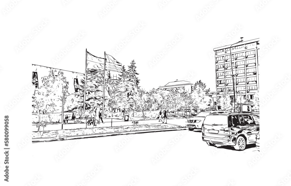 Building view with landmark of Pristina is the capital and largest city in Kosovo.. Hand draw sketch illustration in vector.