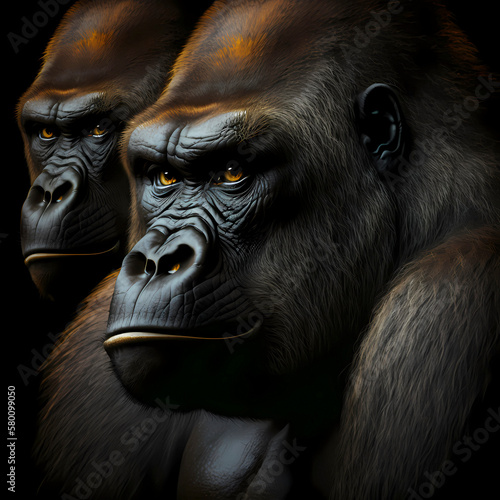 Gorilla (Gorilla) primate genus of the great ape family (Hominidae) , dark hazy background, AI generated © David Brown