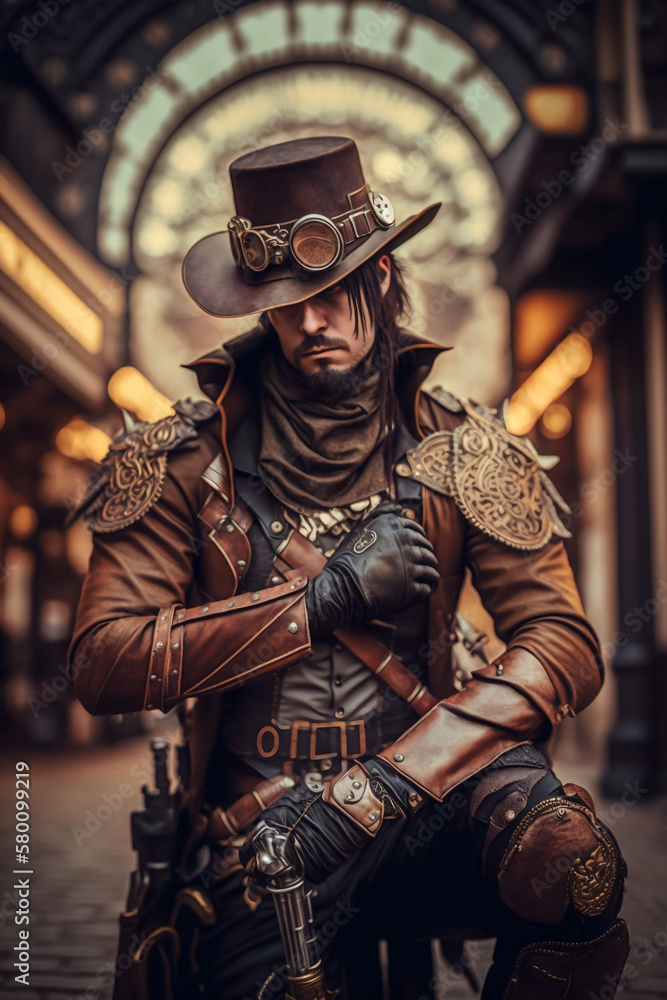 Extremely Handsome steampunk man. Steampunk hat. Tall boots. Weapon in hand. Steampunk city background, intricately detailed hyper realistic. Dramatic pose, Generative AI