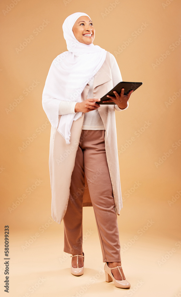 Fototapeta premium Fashion, muslim and woman with tablet in studio isolated on a brown background mock up. Technology, touchscreen and mature Islamic female thinking of internet browsing, social media or web scrolling.
