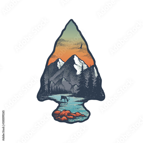 Arrowhead with Mountain and Pine Tree Forest Coloring Vector Drawing, Handrawn, Vintage, Line Art Template on White Background