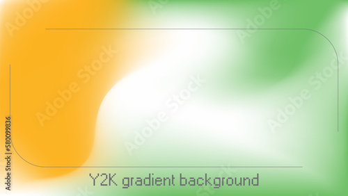 Y2k aura gradient background in orange and green. Iridescent vibrant aurora pattern with blur effect. Colorful ombre shape vector wallpaper. Aesthetic trendy text title cover frame