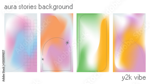 Y2k aura gradient ig stories background set. Iridescent holographic pattern collection with 90s groovy vibe. Aesthetic minimal arc and text frame vertical graphic design for landing for poster