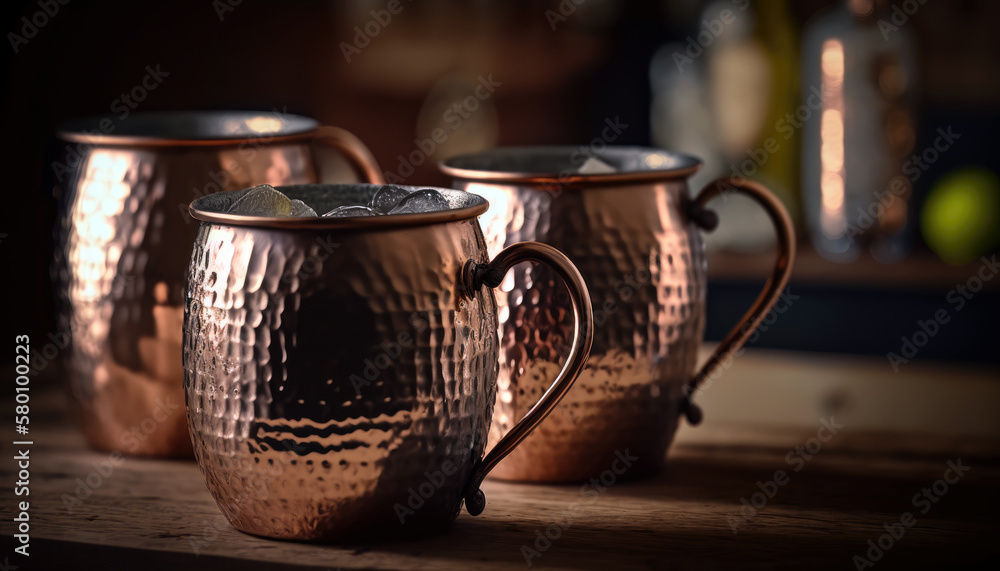 Set of Unique Copper Cocktail Mugs with Hammered Texture and Angled Design (created with Generative AI) Set of Unique Copper Cocktail Mugs with Hammered Texture and Angled Design (created with Generative AI)