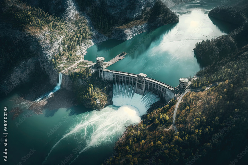 Hydroelectric dam aerial view. Generative AI - obrazy, fototapety, plakaty 