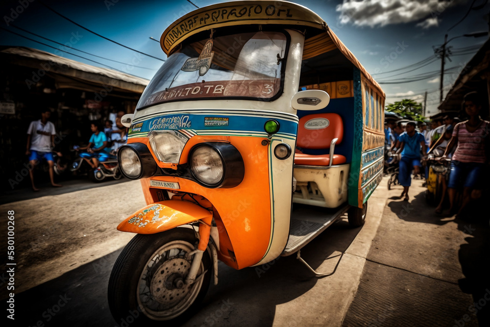 Philippine public transportation trike highly detailed, professional photography, photograph taken with Canon 5D, shot on IMAX 35mm,Generative AI