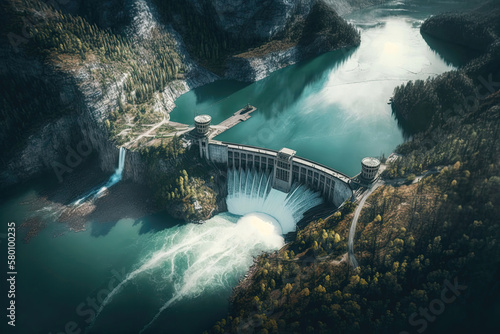 Hydroelectric dam aerial view. Generative AI
