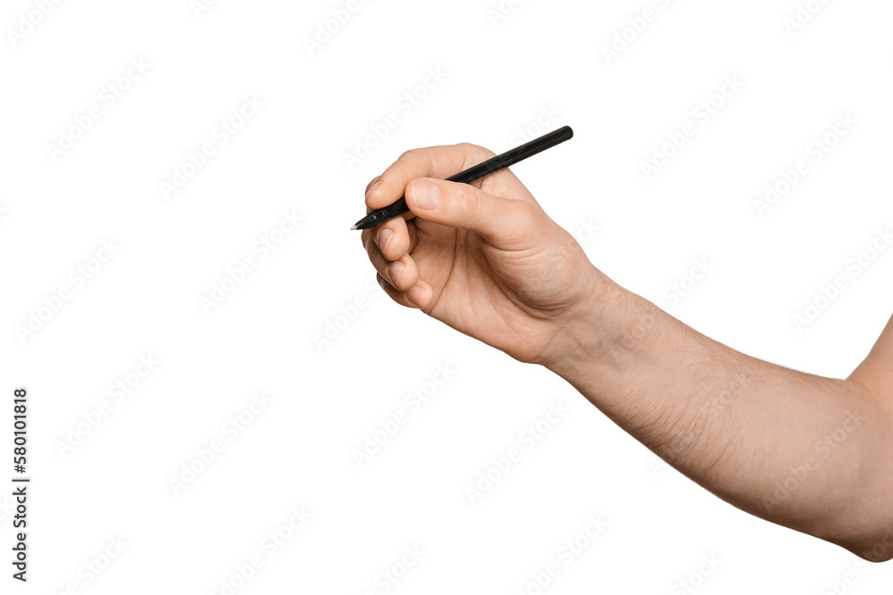 Man's hand with a black pen for writing, isolate. Man's hand with a black pen for writing, isolate.