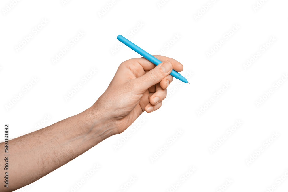 Men's with a blue pen for writing, isolate.