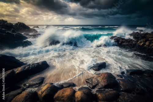 Foto Beautiful cloudy sky and foaming waves approaching rocky shore of the Atlantic ocean