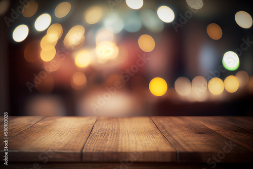 Empty wooden table with bokeh background  night view  blurred bokeh lights background  generative ai