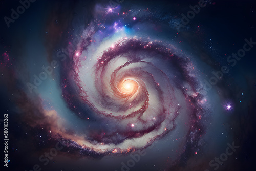 Spiral galaxy in space. A view from space to a spiral galaxy and stars. Universe filled with stars, nebula and galaxy / Generative AI