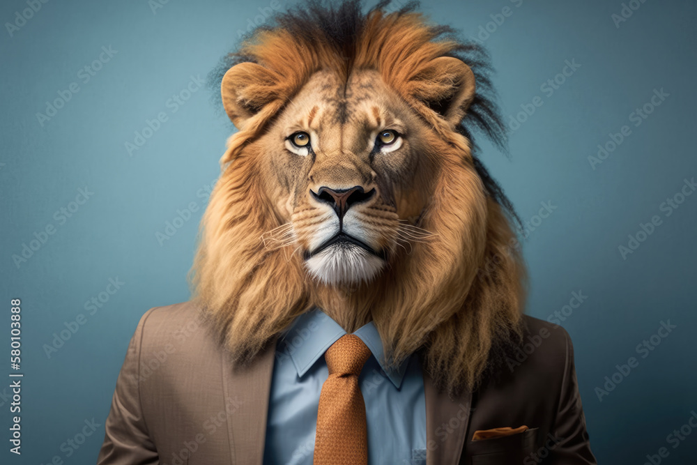 Portrait of a lion in business clothes like a boss made with Generative Al Portrait of a lion in business clothes like a boss made with Generative Al