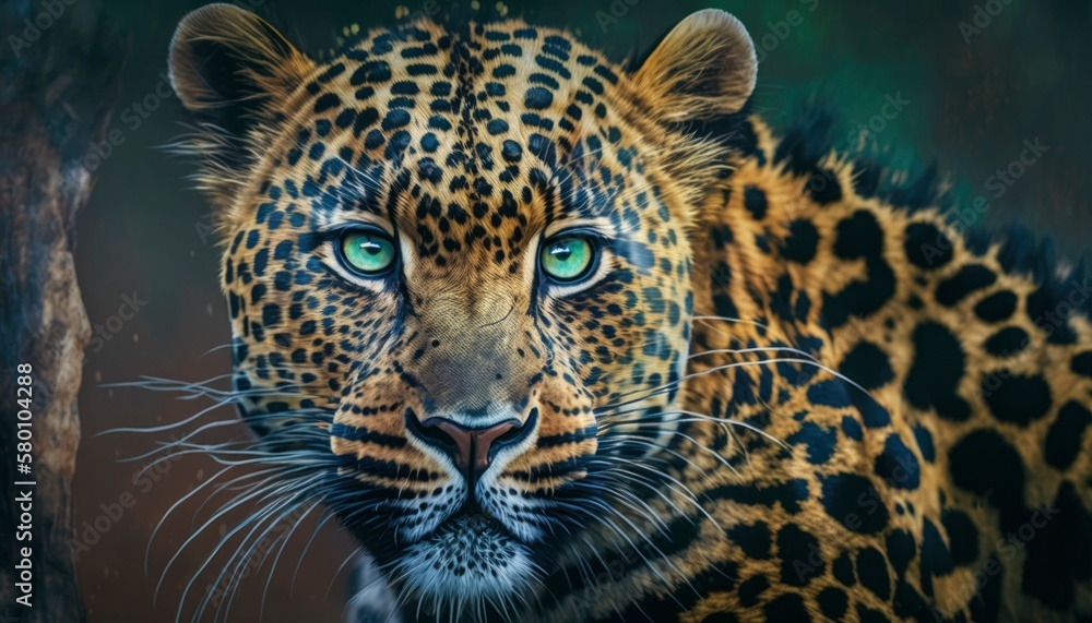 Obraz premium close up portrait of a leopard, feared shock face, full head deep forest color scheme, generative ai