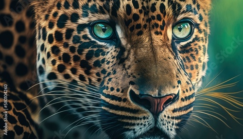 close up portrait of a leopard, feared shock face, full head deep forest color scheme, generative ai