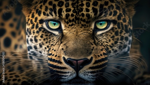 close up portrait of a leopard  feared shock face  full head deep forest color scheme  generative ai