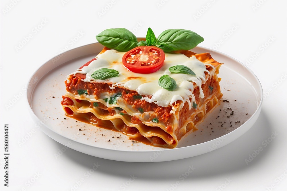 Piece of tasty hot lasagna served with a basil leaf on a white plate. Italian cuisine, menu, recipe. Homemade meat lasagna. Generative AI Piece of tasty hot lasagna served with a basil leaf on a white plate. Italian cuisine, menu, recipe. Homemade meat lasagna. Generative AI