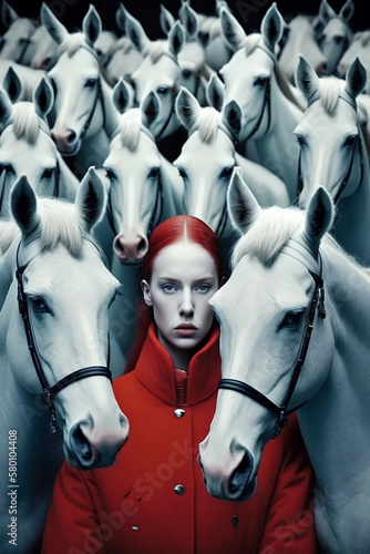 Woman among horses. Generative AI.