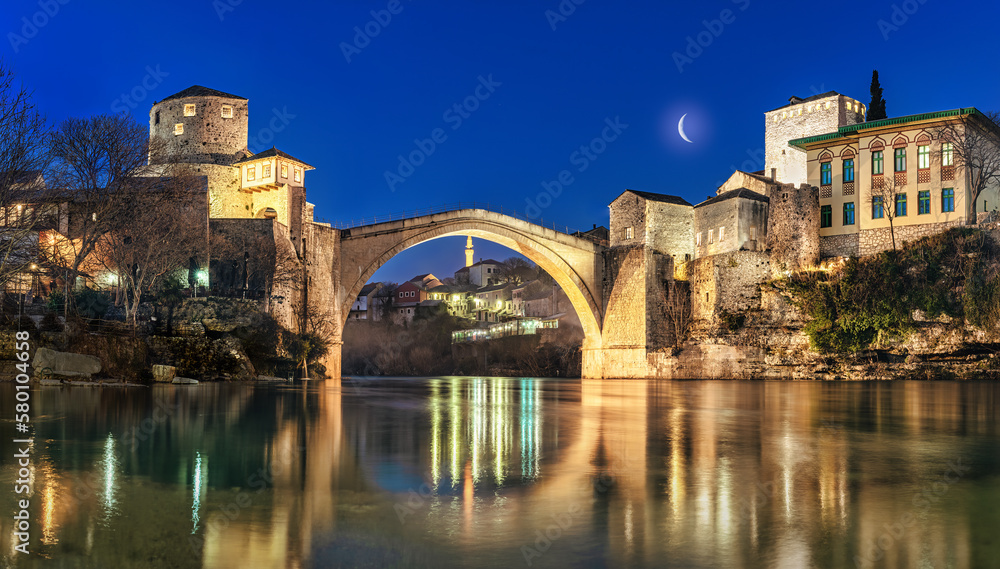 Mostar old town panoramic with famous bridge in Bosnia and Herzegovina - Destination travel concept