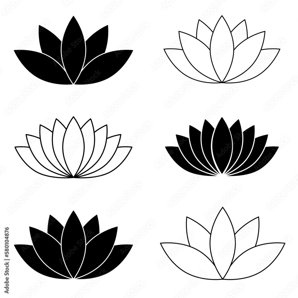 Lotus flower icon set, flat style black and white color vector symbol objects. Floral label, yoga, wellness industry, meditation logo. Isolated on white background.