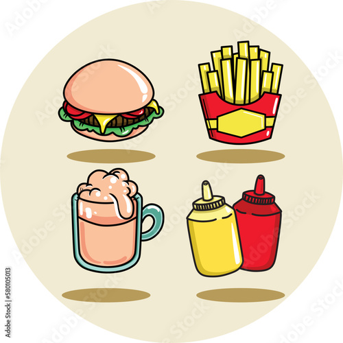 Vector illustrations made using vector graphic design software that depict various types of food served at fast food restaurants or fast food places. This illustration is used for marketing purposes