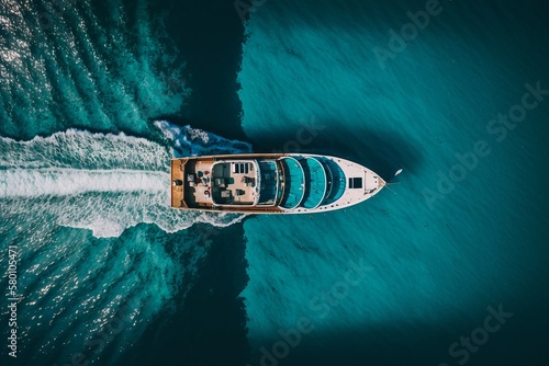 Aerial view of alone yacht sailling on azure water. Generative AI