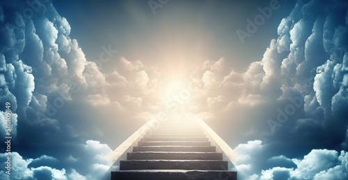 Stairway go Heaven through the clouds. Based on Generative AI photo