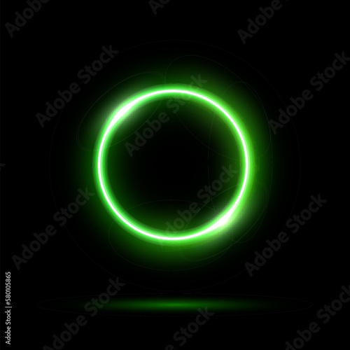 Glowing neon green circle isolated on black background. Round electric light frame. Geometric fashion design vector illustration. Empty minimal ring art decoration