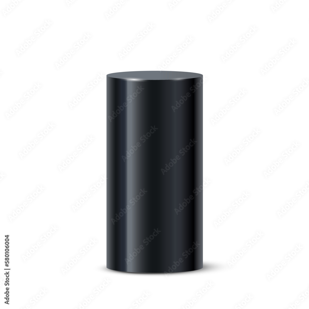 Black 3d cylinder vector illustration. Realistic pedestal podium of circle geometric shape stand, blank circular platform or stage for product, diagram graph for presentation isolated on white Black 3d cylinder vector illustration. Realistic pedestal podium of circle geometric shape stand, blank circular platform or stage for product, diagram graph for presentation isolated on white