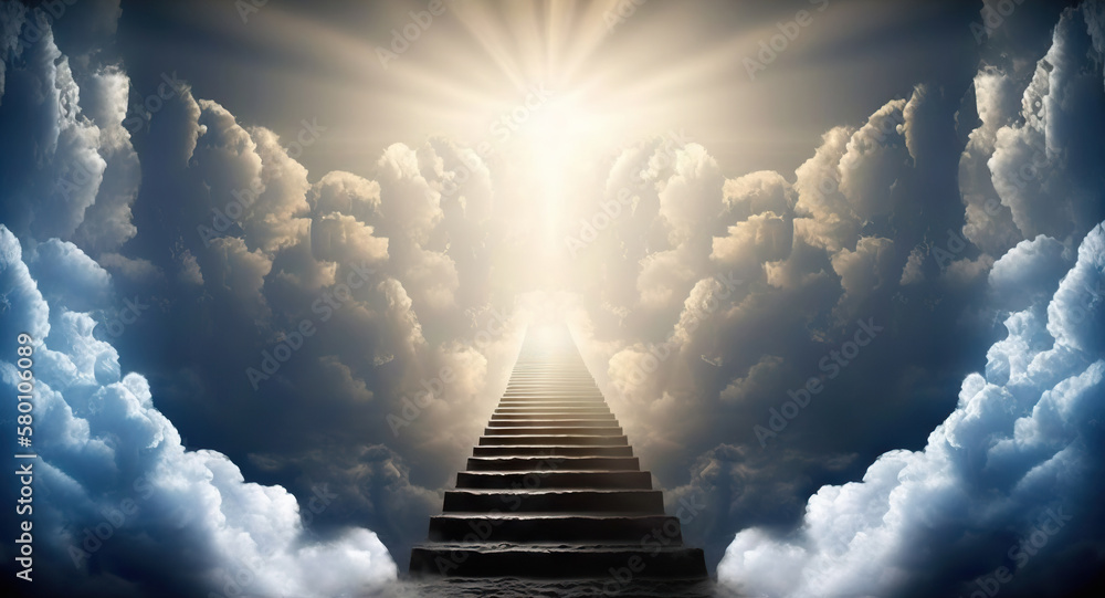 Stairway go Heaven through the clouds. Based on Generative AI