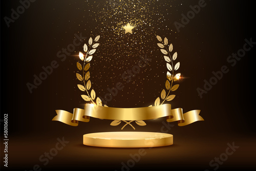 Gold award round podium with laurel wreath, ribbon, star, shiny glitter and sparkles isolated on dark background. Vector golden symbol of victory, achievement, success, rewarding of winner photo