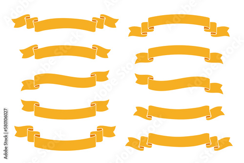 Yellow vintage ribbon icons set. Vector gold festive design elements isolated on white background