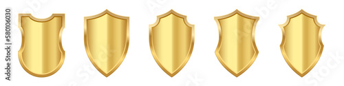 Gold shield set, realistic isolated golden trophy, 3d luxury safety protection emblems