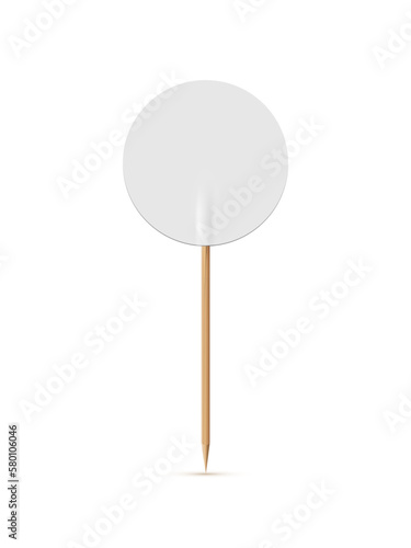 White round flag on wooden toothpick. Round paper topper for cake or other food isolated on white background. Blank mockup for advertising and promotions, location mark, map pointer