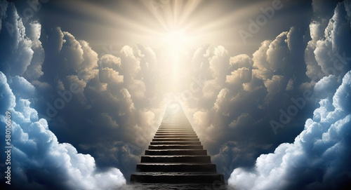 Stairway go Heaven through the clouds. Based on Generative AI