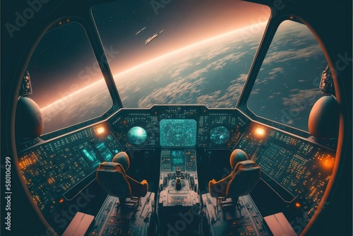 Fototapeta Naklejka Na Ścianę i Meble -  Outer view of cockpit spaceship window with control system room. Abstract discover new planet in space. Finest generative AI.