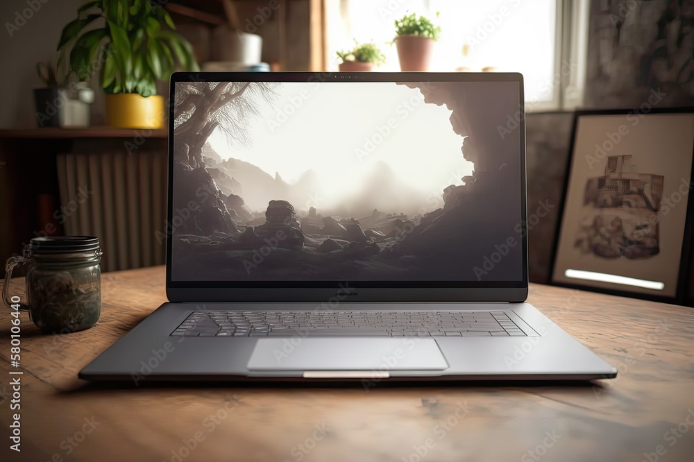 Fototapeta premium Modern laptop with blank screen on table. Photo generative AI