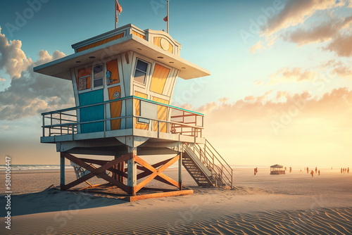 Lifeguard station at the empty beach during sunset. Generative AI photo