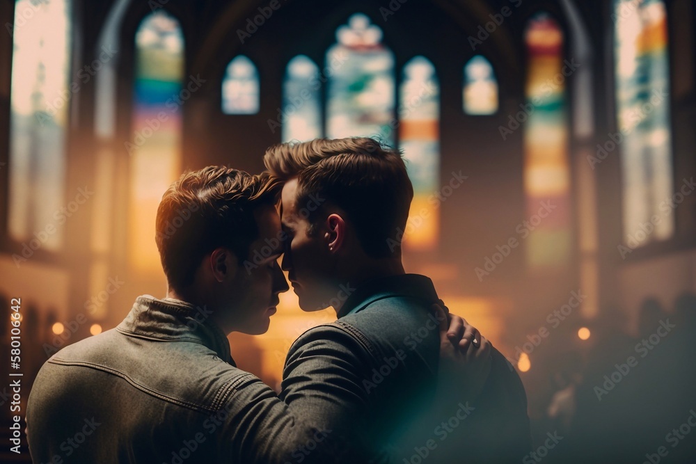 Rear view two gay men kiss in a church. Generative AI