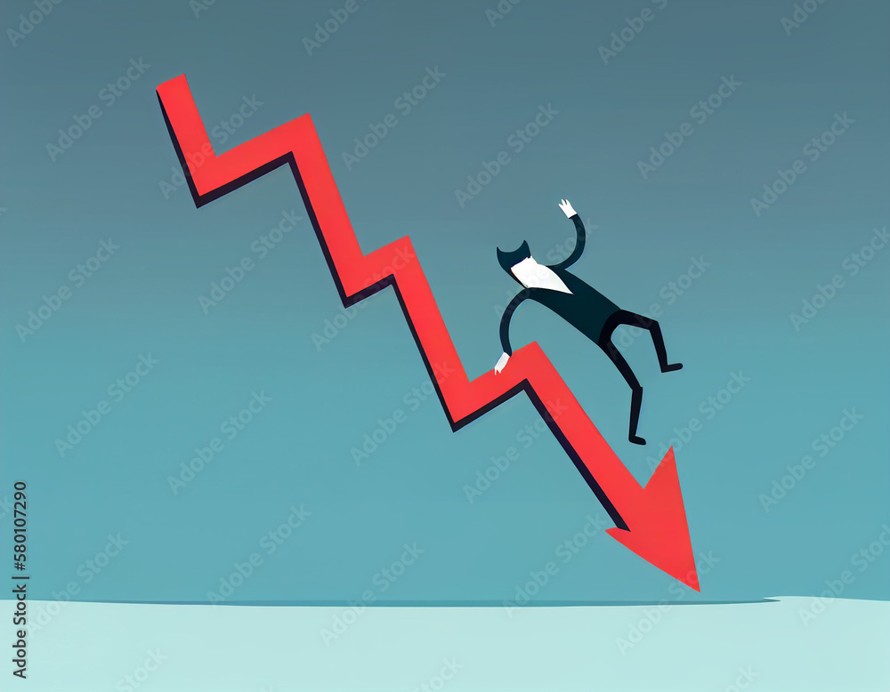 Fall of businessman with downtrend arrow. Flat vector. Concept of finance loss, bear market or bankruptcy. Fall of businessman with downtrend arrow. Flat vector. Concept of finance loss, bear market or bankruptcy.