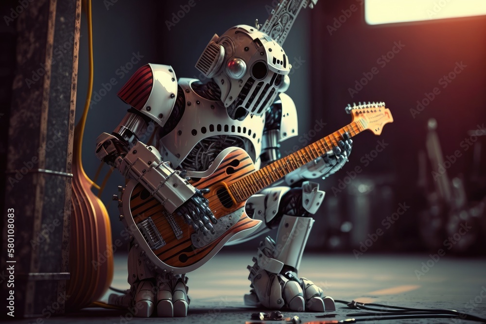 Fototapeta premium Humanoid cyborg robot playing a guitar. Artificial intelligence concept