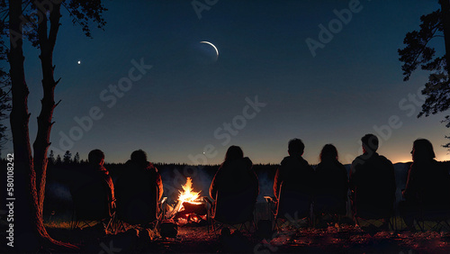 back photo silhouette of a small group of people sitting in forest at campfire in the night and watching sky with moon, generative AI
