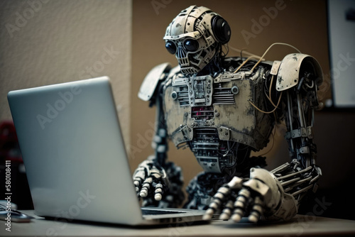 Humanoid cyborg robot working on the laptop as chat bot.Concept artificial intelligence