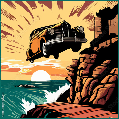 Cartoon car falling off a cliff. Vector illustration