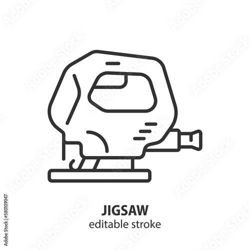 Jigsaw line icon. Electric fretsaw vector outline symbol. Repair instrument sign. Editable stroke.