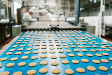 Huge factory line for sweet food and cookies production. Close up shots of industrial manufacturing process.